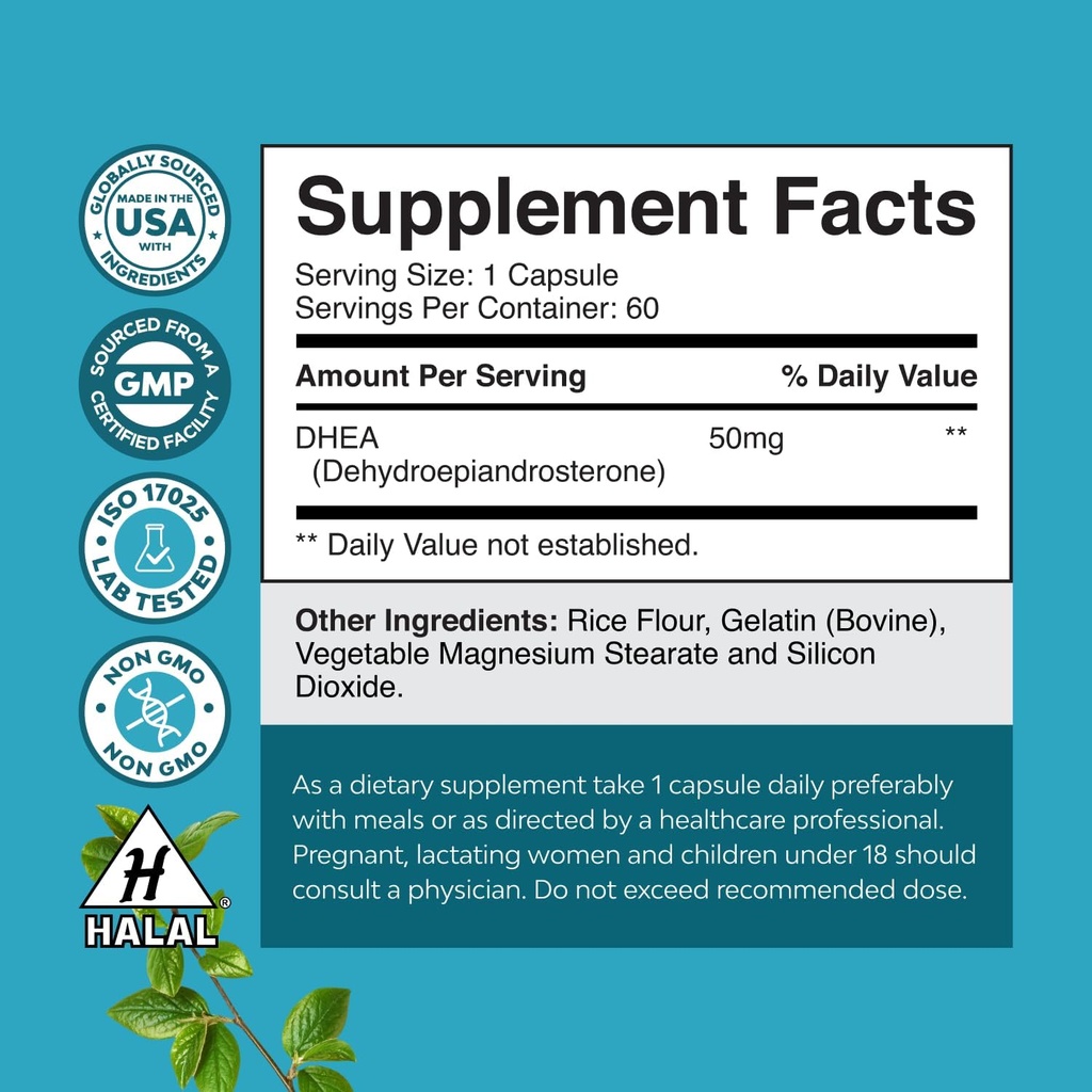 DHEA Supplement for Women & Men - Pure DHEA 50mg for Hormone Balance, Improves Mood Stability, Brain Function, Immune System, Energy & Fertility - Dehydroepiandrosterone Capsules for Adults - 60 Ct 4
