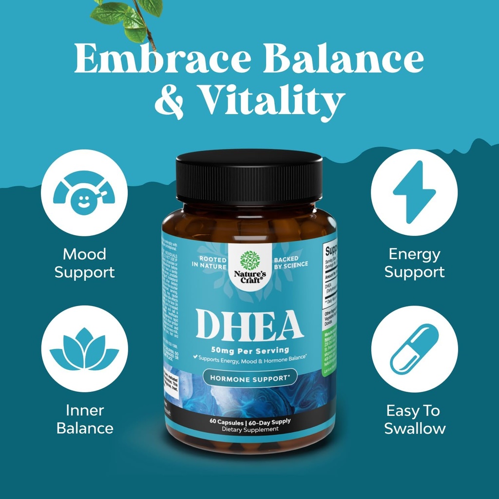 DHEA Supplement for Women & Men - Pure DHEA 50mg for Hormone Balance, Improves Mood Stability, Brain Function, Immune System, Energy & Fertility - Dehydroepiandrosterone Capsules for Adults - 60 Ct 5
