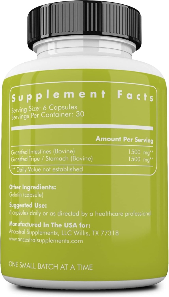 Ancestral Supplements Grass Fed Beef Intestines with Stomach (Tripe), 3000mg, Digestion Supplement Supports Acid Reflux and Gut, Intestine and Digestive Health, Non GMO, 180 Capsules 3