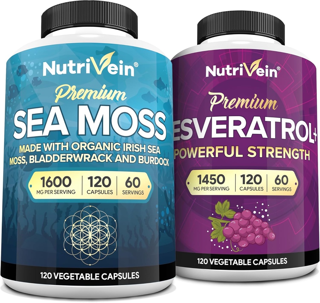 Nutrivein Premium Sea Moss Capsules & Resveratrol Supplement Bundle: High-Absorption Resveratrol Capsules and Irish Sea Moss for Digestion, Vitality, & Repair 2