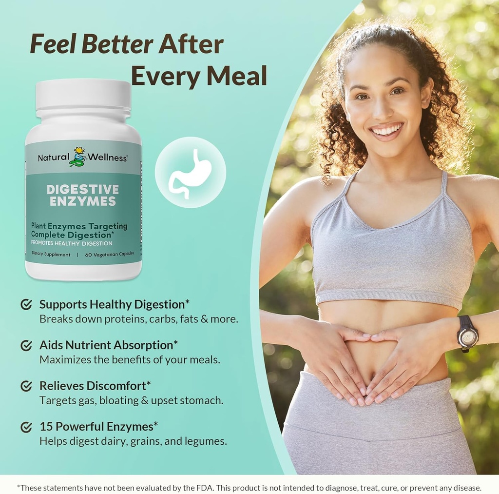 Natural Wellness Digestive Enzymes – Comprehensive Enzyme Blend for Healthy Digestion, Nutrient Absorption & Relief from Gas, Bloating & Indigestion – 60 Vegetarian Capsules 4