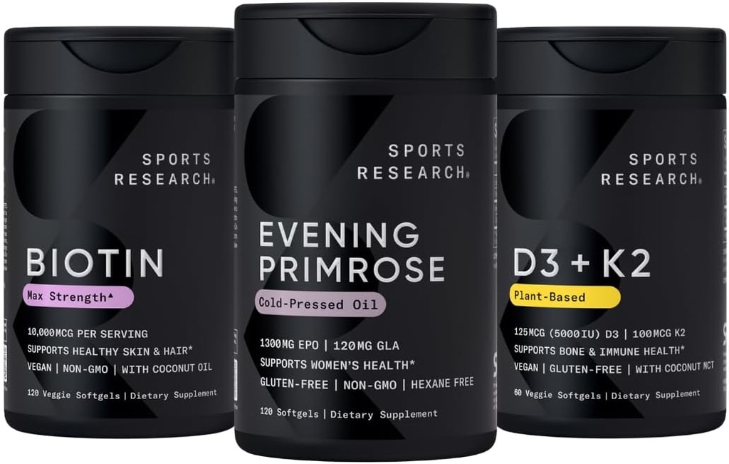 Sports Research Vegan Biotin 10,000mcg with Coconut Oil, Evening Primrose Supplement from Cold Pressed Oil and Plant Based Vitamin K2 MK7 + Vegan D3 5000iu 2