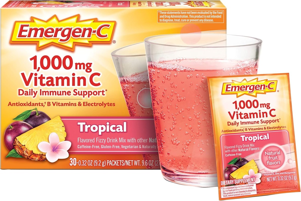 Emergen-C 1000mg Vitamin C Powder, with Antioxidants, B Vitamins and Electrolytes, Vitamin C Supplements for Immune Support, Caffeine Free Fizzy Drink Mix, Tropical Flavor - 30 Count/1 Month Supply 5