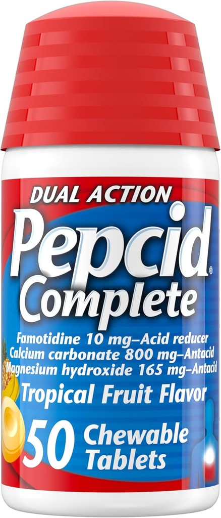 Pepcid Complete Acid Reducer + Antacid for Acid Reflux, 10mg Famotidine, 800mg Calcium Carbonate & 165mg Magnesium Hydroxide per Heartburn Tablet, Antacid Chews, Tropical Fruit, 50 ct 2