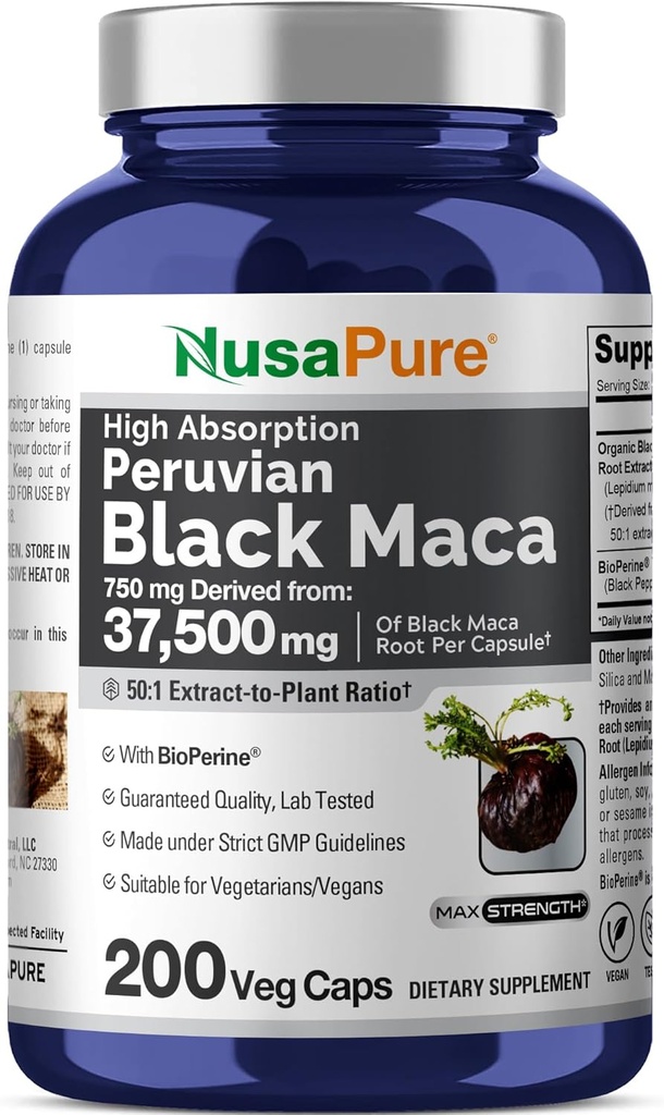 NusaPure Black Maca Root 50:1 Extract, 750 mg Equivalent to 37,500 mg 200 Veggie Per Caps (Vegan, Non-GMO) 2