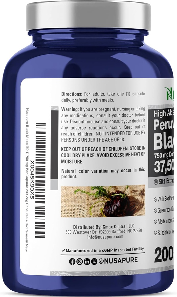 NusaPure Black Maca Root 50:1 Extract, 750 mg Equivalent to 37,500 mg 200 Veggie Per Caps (Vegan, Non-GMO) 4