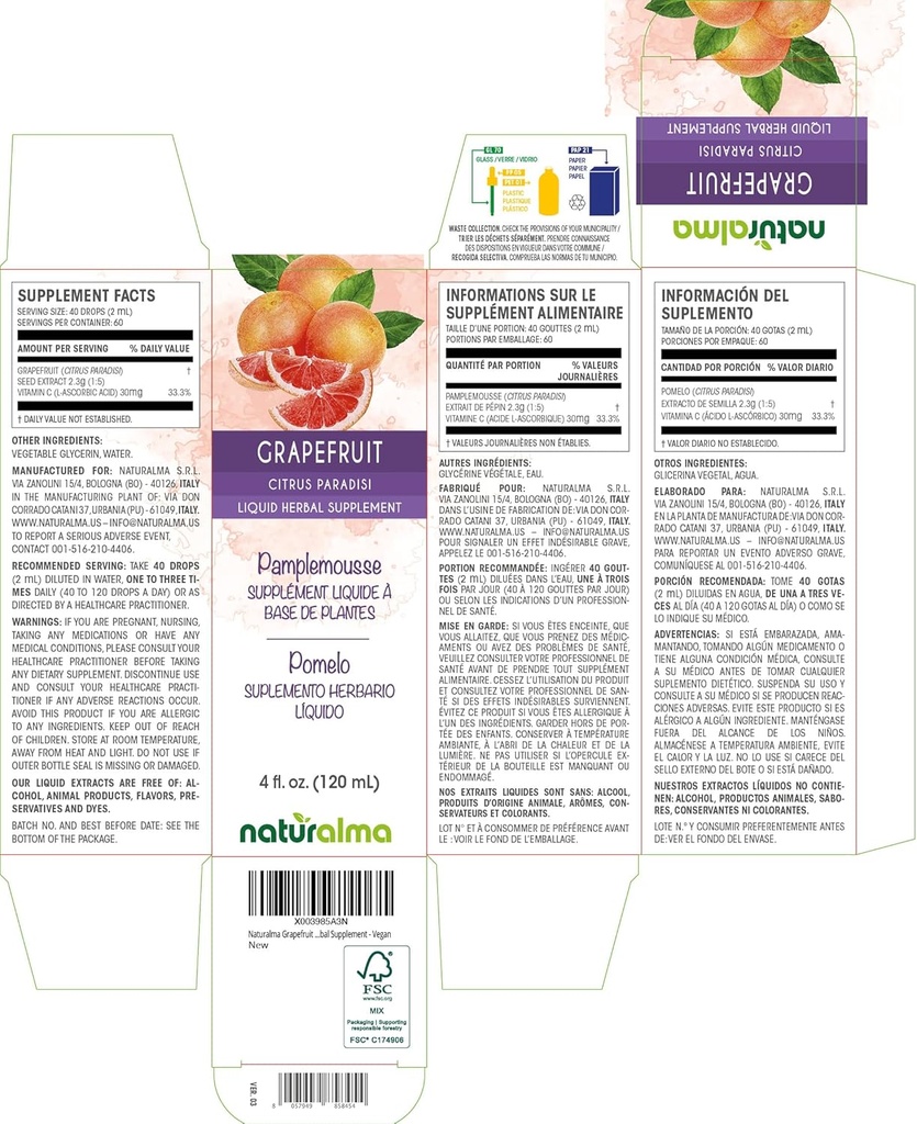 Naturalma Grapefruit (Citrus paradisi) Seed Alcohol-Free Tincture - Enriched with Vitamin C - 4 fl oz Liquid Extract in Drops - Herbal Supplement - Vegan 3