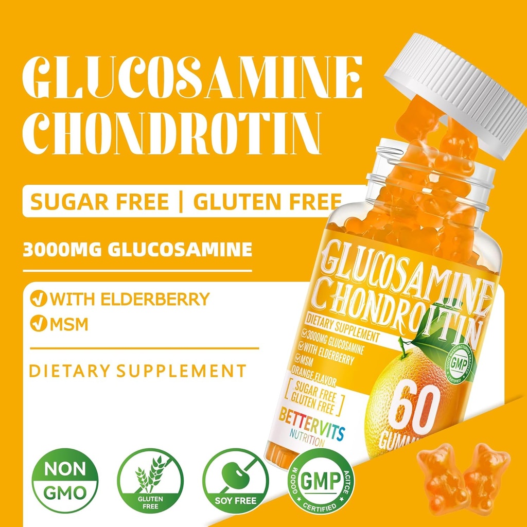 Glucosamine Chondroitin Gummies with MSM & Elderberry Extra Strength - Joint Support, Antioxidant Immune Support Supplement for Adults, Men & Women.60 Orange Gummies 4