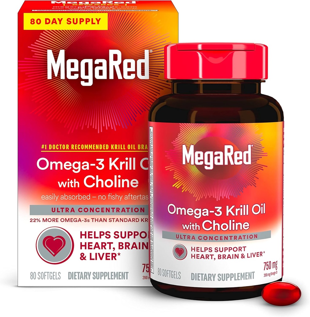 MegaRed Krill Oil 750mg Omega 3 Supplement with Choline, #1 Dr Recommended Krill Oil Brand with EPA, DHA & Phospholipids, Supports Heart, Brain, & Liver Health, Antarctic Krill Oil - 80 Softgels 2