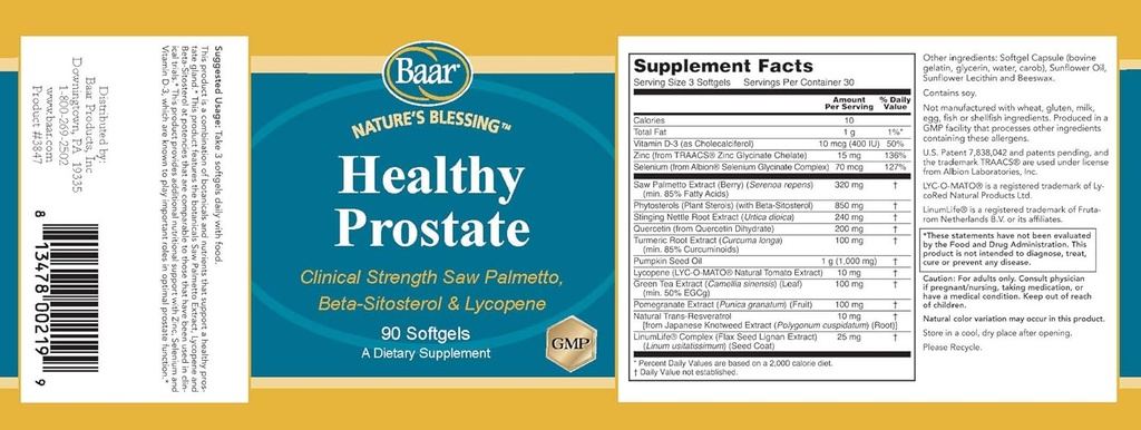 Baar Nature's Blessing Healthy Prostate Softgels, Clinical Strength Saw Palmetto, Beta-Sitosterol & Lycopene, 90 Softgels 3