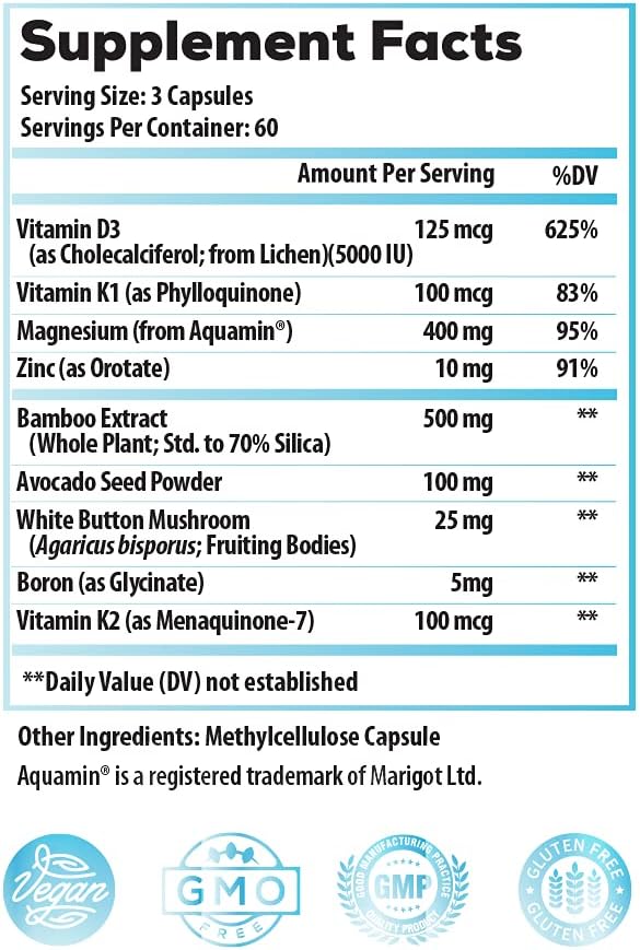 Ideal Infusion Calcium-Free Bone Density Supplement: Bone Strength & Arterial Health: Plant Based Silica with Icelandic Magnesium, Vegan Vitamin D3 5000 IU with K2 K1 (60 Servings) 3