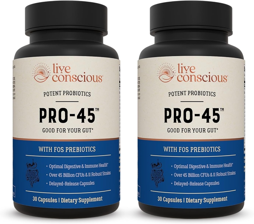Live Conscious PRO45: Probiotic Formula, 45 Billion CFU, 11 Comprehensive strains. Dairy Free. Delayed Release Veggie caps. Promotes Immune and Digestive Health. 60 Capsules (2-Pack) 2