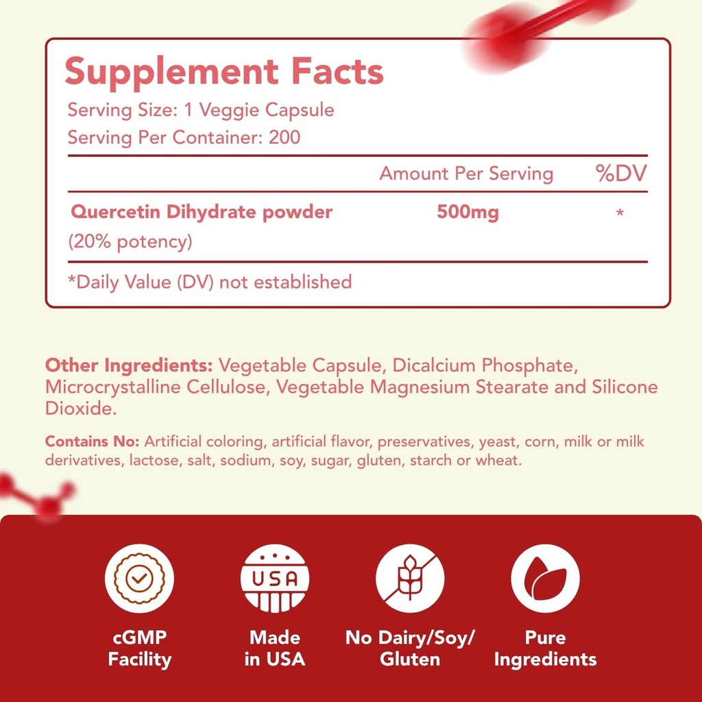 High Strength Quercetin 500mg Capsules - Once Daily Powerful Antioxidant Quercetin Supplement for Heart Aging Skin Brain and Immune Support - Vegan Friendly Gluten-Free Made in the USA (200 Servings) 3