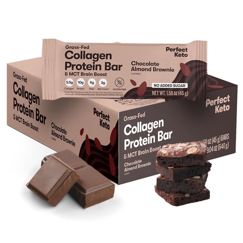 Perfect Keto Bars - The Cleanest Keto Snacks with Collagen and MCT. No Added Sugar, Keto Diet Friendly - 3g Net Carbs, 19g Fat, 10g protein - Diet Food Dessert (Almond Butter Brownie, 12 Bars) 2