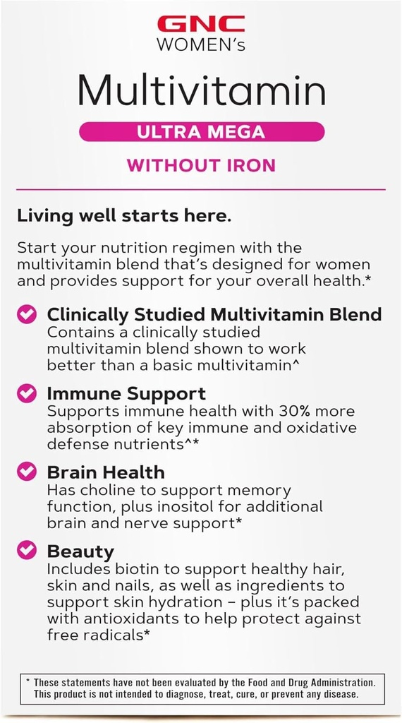 GNC Women's Multivitamin Ultra Mega Without Iron, Daily Vitamin Supplement, Supports Immune, Brain, Hair, Skin & Nails, 180 Caplets 4
