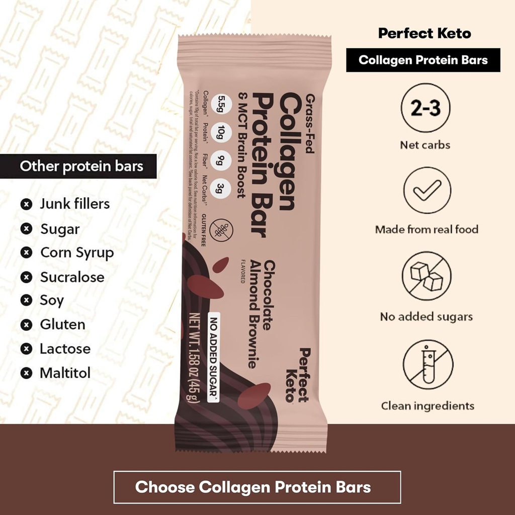Perfect Keto Bars - The Cleanest Keto Snacks with Collagen and MCT. No Added Sugar, Keto Diet Friendly - 3g Net Carbs, 19g Fat, 10g protein - Diet Food Dessert (Almond Butter Brownie, 12 Bars) 4