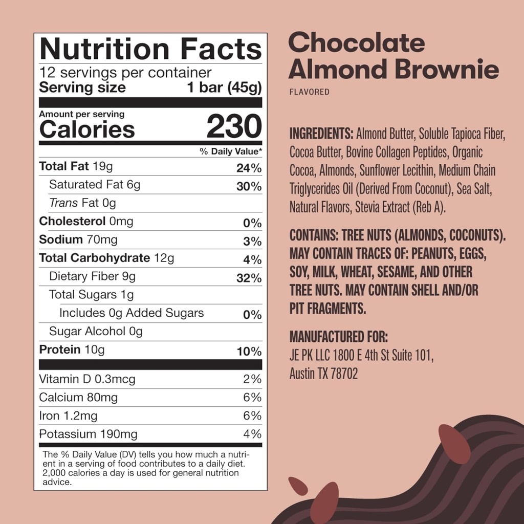 Perfect Keto Bars - The Cleanest Keto Snacks with Collagen and MCT. No Added Sugar, Keto Diet Friendly - 3g Net Carbs, 19g Fat, 10g protein - Diet Food Dessert (Almond Butter Brownie, 12 Bars) 6