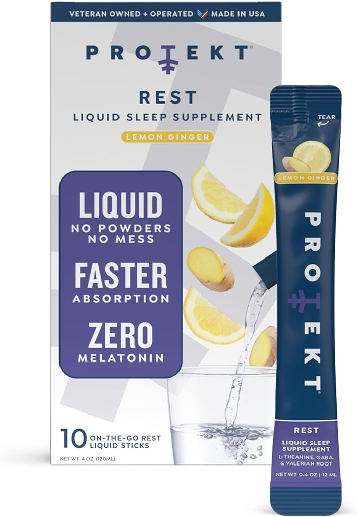 PROTEKT GABA L Theanine Supplement | Melatonin-Free Sleep Aid for Adults | Valerian Root for Night Support & Restful Sleep | GABA Calm Liquid Drink Mix for Adults | Lemon Ginger, Pack of 10 2