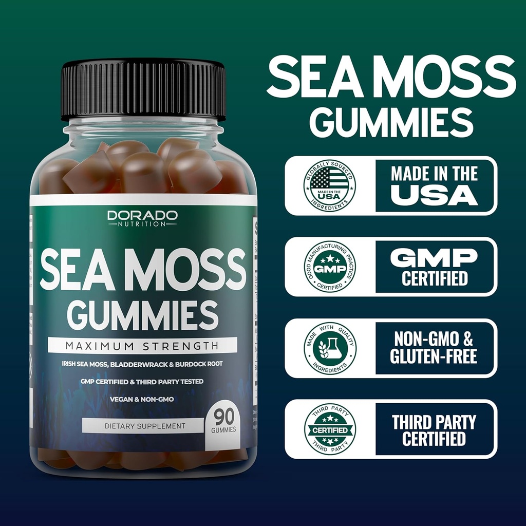 Irish Sea Moss Gummies 3000mg (90 Gummies with Bladderwrack & Burdock Root - Raw Seamoss for Thyroid, Energy, & Immune Support) Third Party Tested, Vegan Safe, No Fillers & Made in USA 6