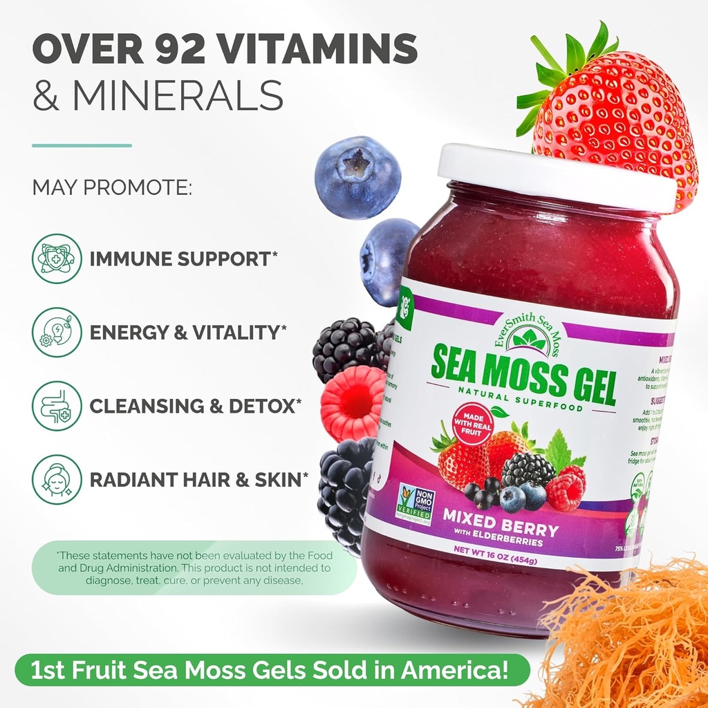 Wildcrafted Irish Sea Moss Gel | Made in USA | Rich in Vitamins & Minerals | Sea Moss Gel Raw | Nutritional Supplement | Mixed Berry (16 oz) 4