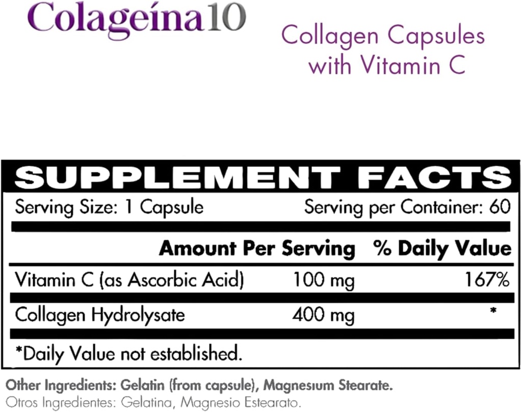 Colageina 10 Hydrolyzed Collagen Capsules with Vitamin C - Anti-Aging Dietary Supplement for Healthy Skin, Hair, Nails, Joints, and Bones - 60 Count 6
