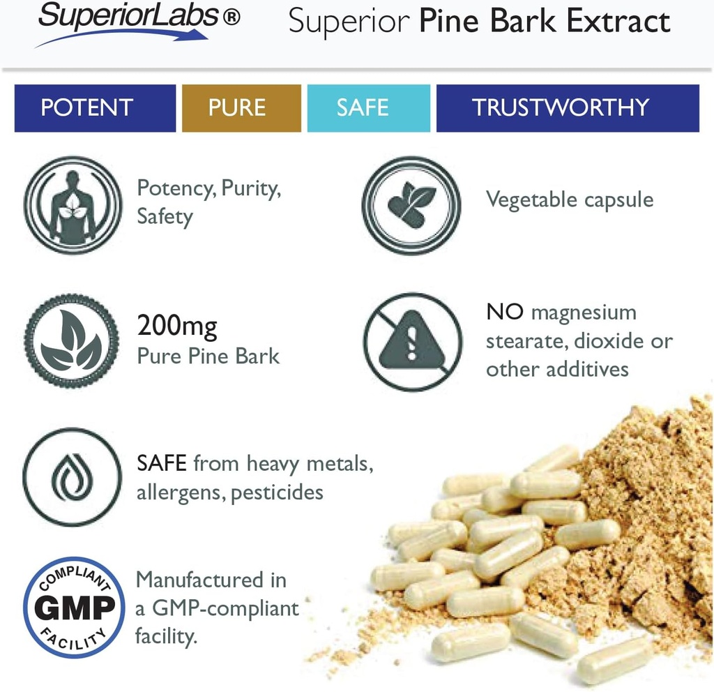 Superior Labs Pine Bark Extract 200 mg – 95% OPC French Maritime Bark, Pure Non-GMO Formula for Healthy Circulation & Blood Flow, Heart, Skin & Hair Support, Free-Radical Defense, 90 Veg Caps 6