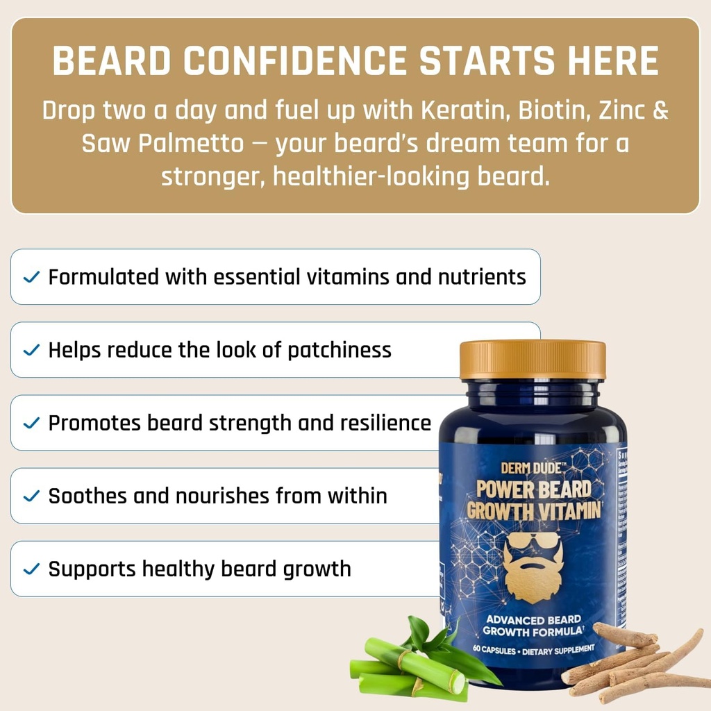 Derm Dude Power Beard Growth Vitamins for Men | With Biotin 10K MCG, Zinc B12 Saw Palmetto & Keratin for Healthier Thicker Fuller & Stronger Facial Hair | Restore Hair Breakage & Thinning, 60 Capsules 5