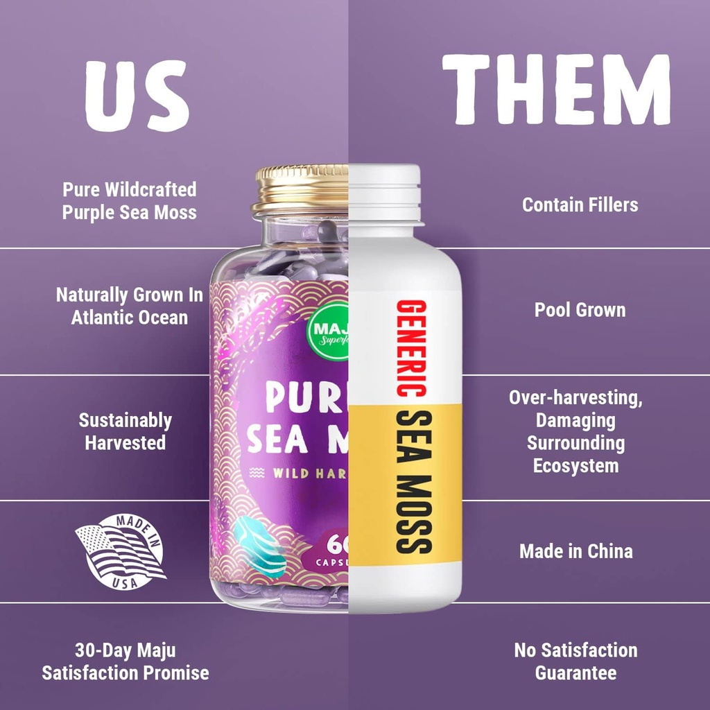 MAJU's Powerful Purple Sea Moss Capsules (60 ct), Extra-Strength Purple Minerals, Chondrus Crispus, Stronger Than Gel, Compare to Organic Irish Seamoss Capsule, Wild Harvested Powder Pills 6