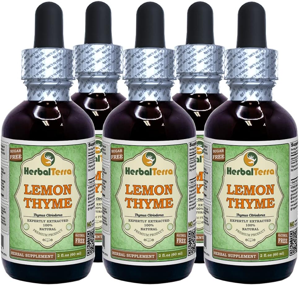Lemon Thyme (Thymus x Citriodorus) Glycerite, Organic Dried Herb Alcohol-Free Liquid Extract (Brand Name: HerbalTerra, Proudly Made in USA) 32 fl.oz (0.95 l) 6