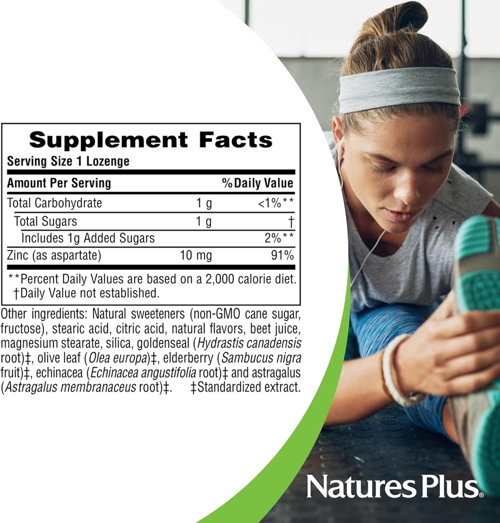 NaturesPlus Herbal Actives ImmunActin Zinc Lozenges - 10 mg Zinc, 60 Vegan Lozenges - Wild Cherry Flavor - Immune Booster with Echinacea & Elderberry - Vegetarian, Gluten-Free - 60 Servings 6