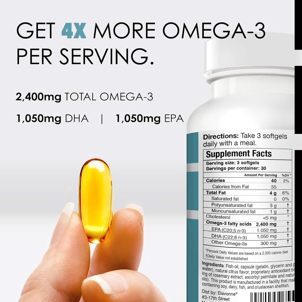 Norway Pure Omega-3 Fish Oil Softgels 2,400mg (90ct) - 4X Concentrated EPA & DHA, Triple Distilled, Burpless, Wild Caught, Skin & Hair, Joints, Heart Health 3