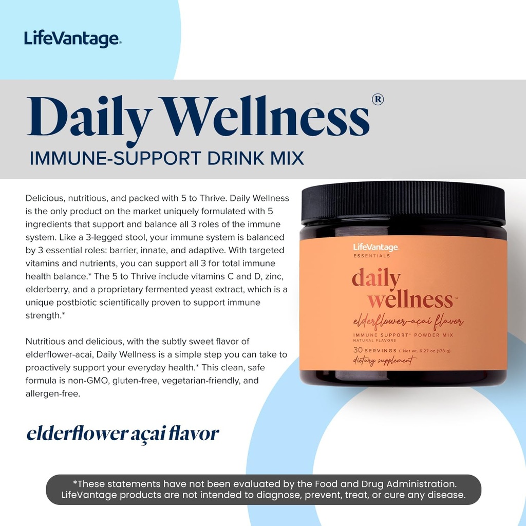 LifeVantage Daily Wellness Immune Support Drink Mix, Sweet Flavor of Elderflower-acai 178g 30 Servings 5