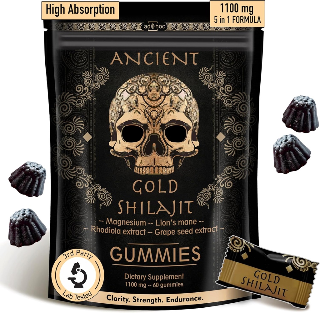 ad hoc 1100mg Gold Shilajit Gummies with Magnesium, Lions Mane, Rhodiola, Grape Seed - Himalayan Shilajit for Men Women, 85+ Trace Minerals & Fulvic Acid, Pure Shilajit for Energy Immune Support,60 Ct 2