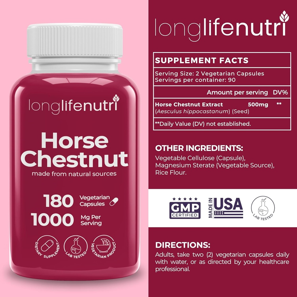 LongLifeNutri Horse Chestnut Extract 500mg - 180 Vegetarian Capsules, Organic Supplement for Daily Wellness & Circulation, 3-Month Supply, GMP Certified, Made in USA 3
