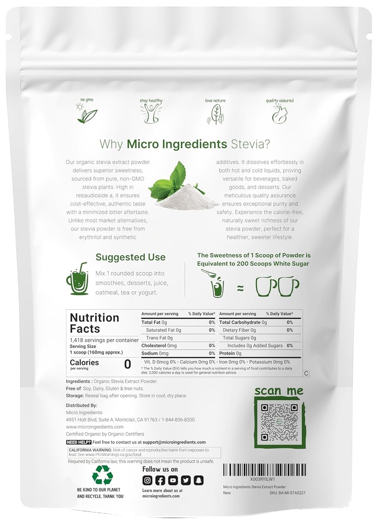 Pure Organic Stevia Powder, 8 Ounces, 1418 Serving, High Grade Stevia Green Leaf Extract Reb-A, Reduced Bitter Aftertaste, 0 Calorie, Natural Sweetener, Sugar Alternative, Keto Friendly 3