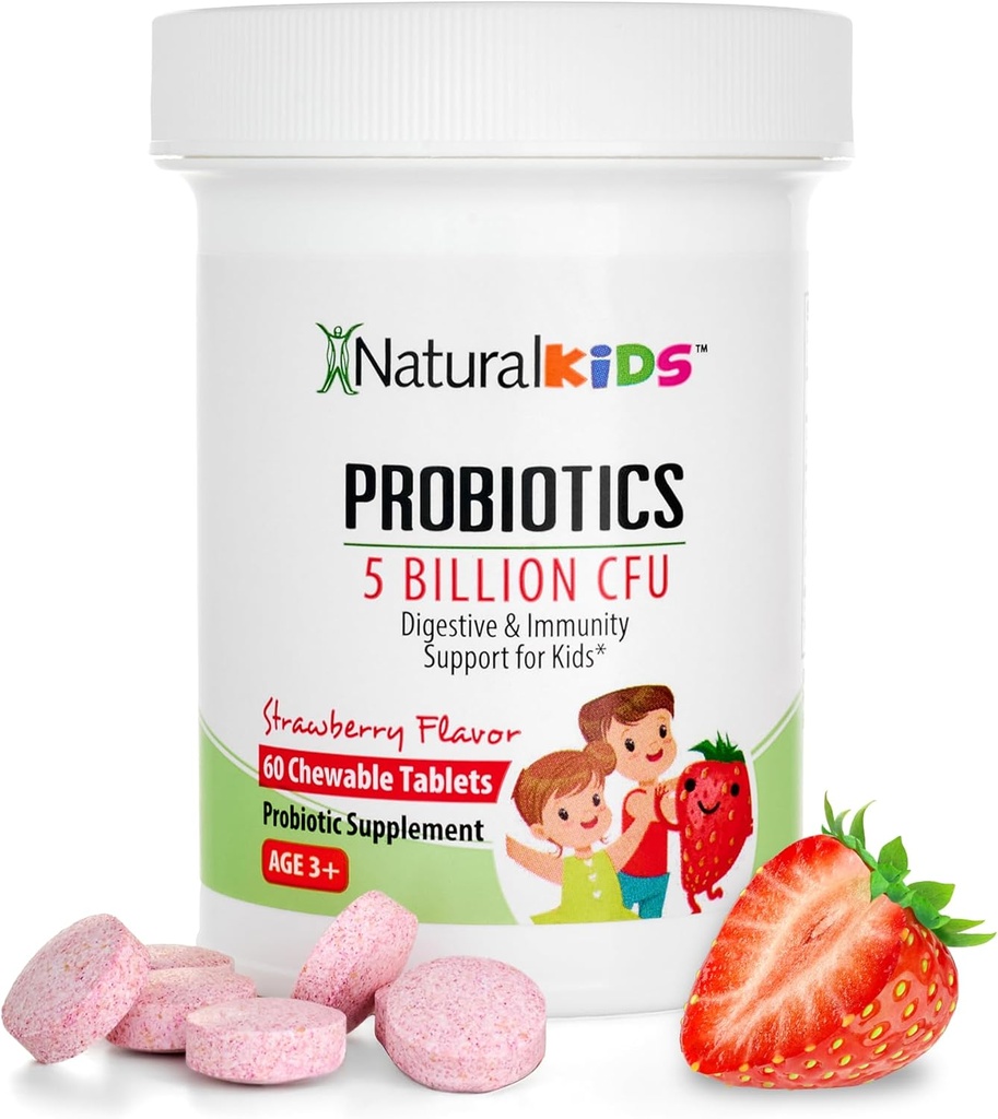 Probiotics for Kids Digestive Health, Immune Support & Kids Gut Health Supplements with 5 Billion CFU for Children Age 3 Up - Strawberry Flavor 60 Chewable Probiotic Tablets 2