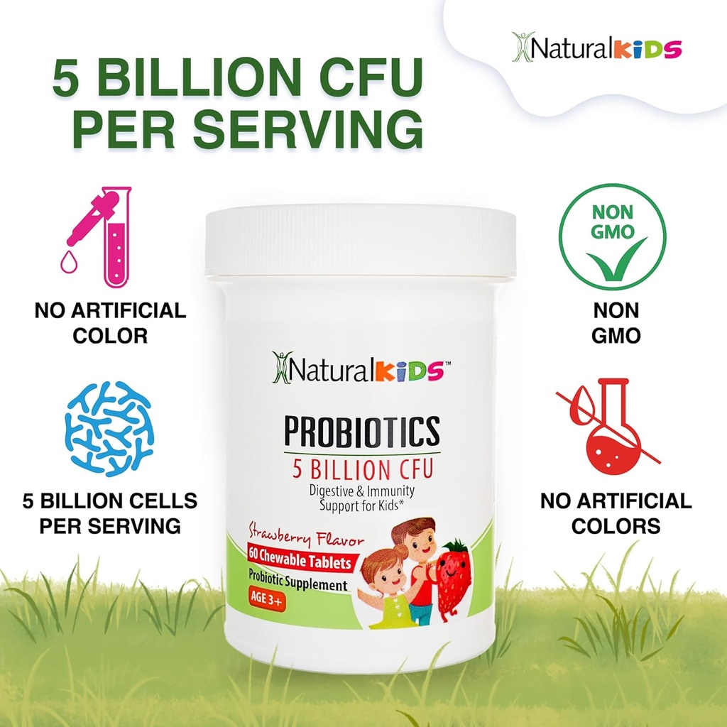 Probiotics for Kids Digestive Health, Immune Support & Kids Gut Health Supplements with 5 Billion CFU for Children Age 3 Up - Strawberry Flavor 60 Chewable Probiotic Tablets 3