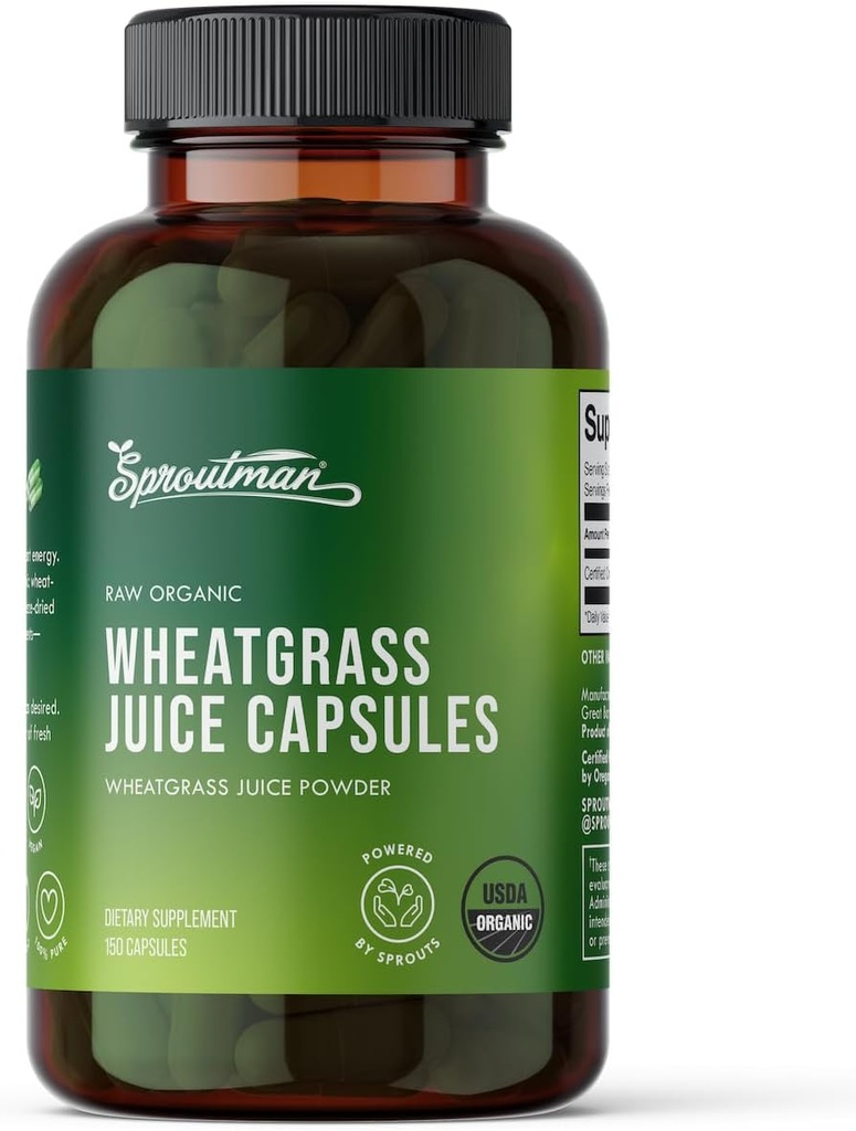 Organic Wheatgrass Juice Powder Capsules by Sproutman - 100% Pure Wheatgrass - Aids Digestion - High in Vitamins, Antioxidants, Chlorophyll, Enzymes, Minerals & Energy (150 Pills) 2