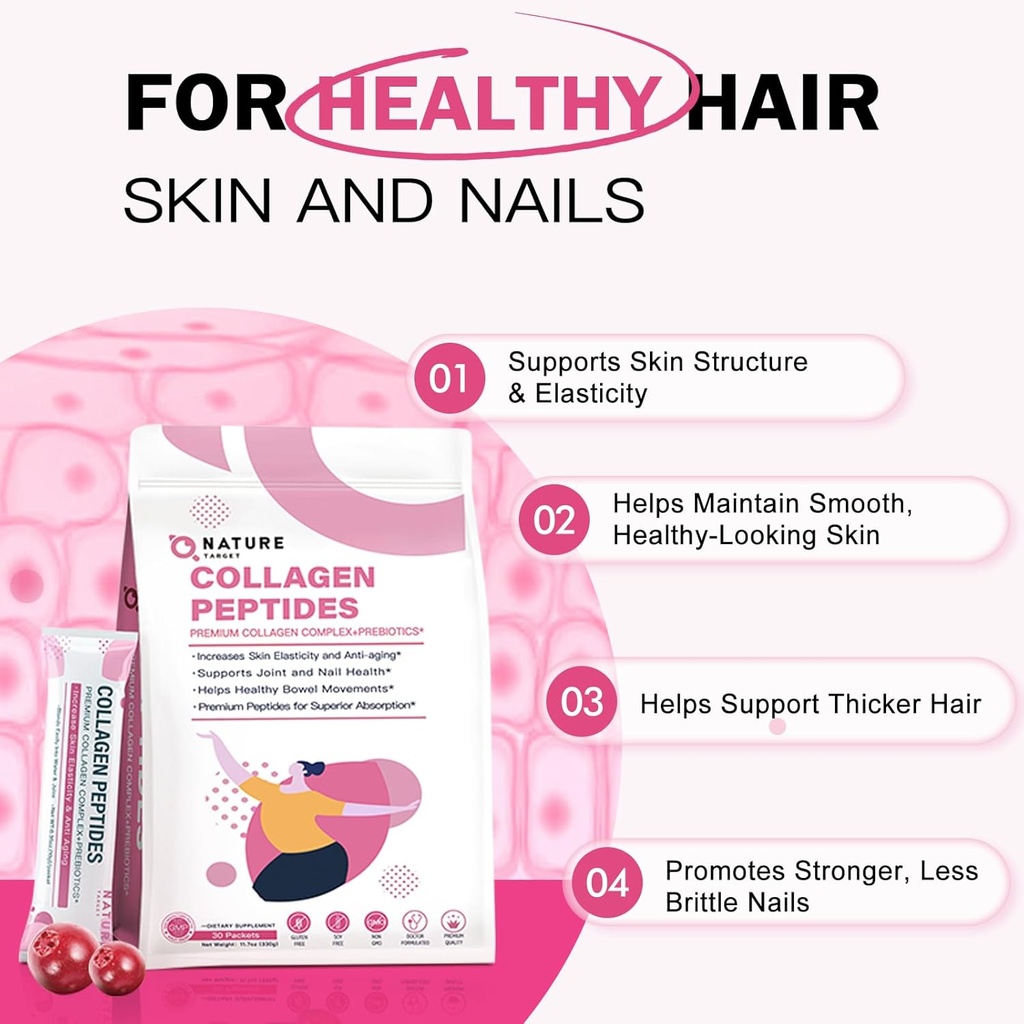 NATURE TARGET Multi Collagen Peptides Powder - Type I, II, III, V, X - Enhanced Absorption, Hydrolyzed Collagen Peptides with Prebiotics, Sugar-Free, Support Skin Hair Nail & Joint, Non-GMO 4