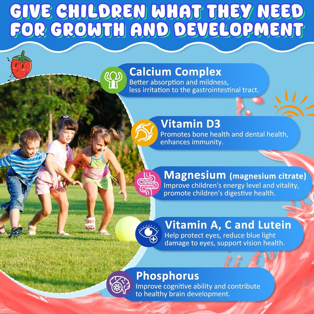 Kids Calcium Gummies + D3 & Magnesium for 4+, with Calcium Citrate Calcium Gluconate, Calcium Lactate, Probiotics & Prebiotics for Children Bone Health,Muscle Support,Digestive Health,Sugar Free 60Cts 5