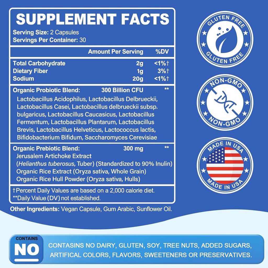 Probiotic 300 Billion CFU - 12 Strains with Organic Prebiotics for Digestive & Gut, Immune, Bloating Health - Probiotics for Women and Men - Daily Dairy Free, Shelf Stable - 60 Counts 3