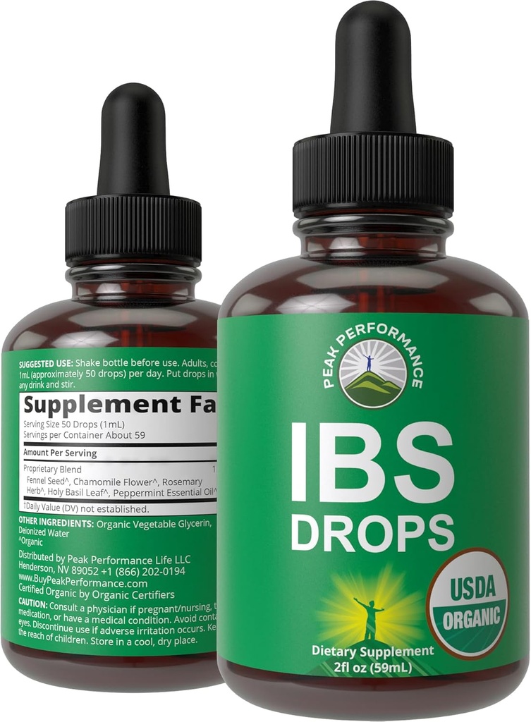 USDA Organic IBS Relief 5-in-1 Liquid Drops. for Ingestion, Bloating, Gas. Irritable Bowel Supplement with 5 Organic Ingredients. Peppermint Oil, Fennel Seed, Chamomile Flower, Rosemary, Holy Basil 2