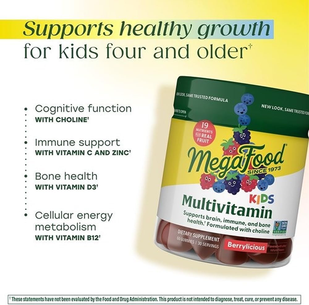 MegaFood Kids Multivitamin Gummies - Kids Vitamins - Age 4+ with Vitamin C, Vitamin D, Zinc, Choline, and Real Fruit - Brain & Immune Support - Berrylicious Flavor - 60 Gummies (30 Servings) 4