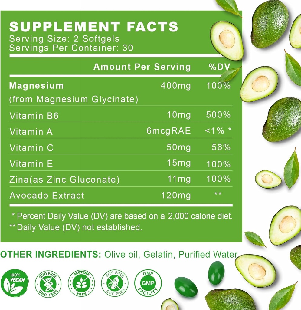 Magnesium Glycinate 400mg, High Absorption Magnesium Supplements Softgels with Vitamin E, B6, Zinc for Sleep, Calm, Muscle Relaxation & Bone Health, Gluten-Free, Non-GMO, 60 softgels 3