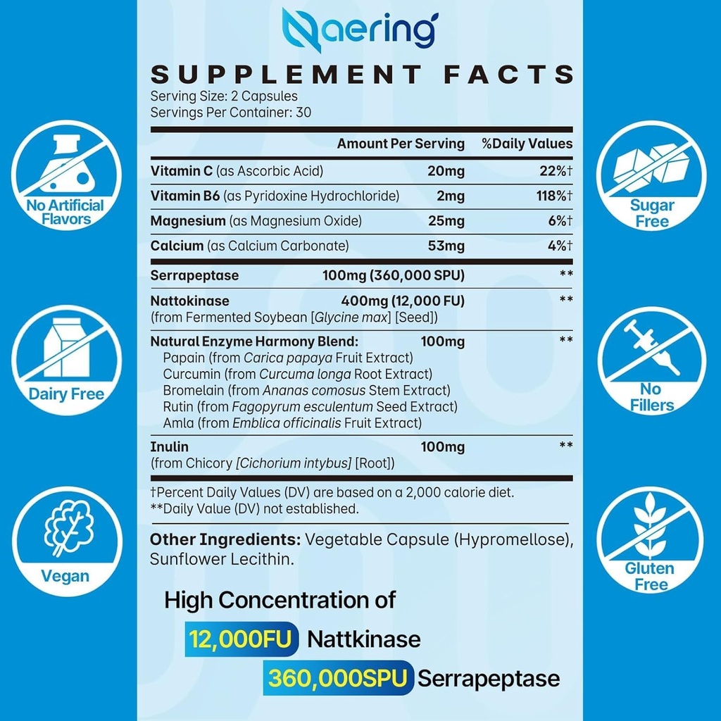 Liposomal Nattokinase 12,000 FU Serrapeptase 360,000 SPU Enzyme Supplement - Enriched with Synergistic Enzymes and Nutrient Blend & Inulin for Circulatory, Gut, Digestion 60 Capsules (2 Bottle) 3