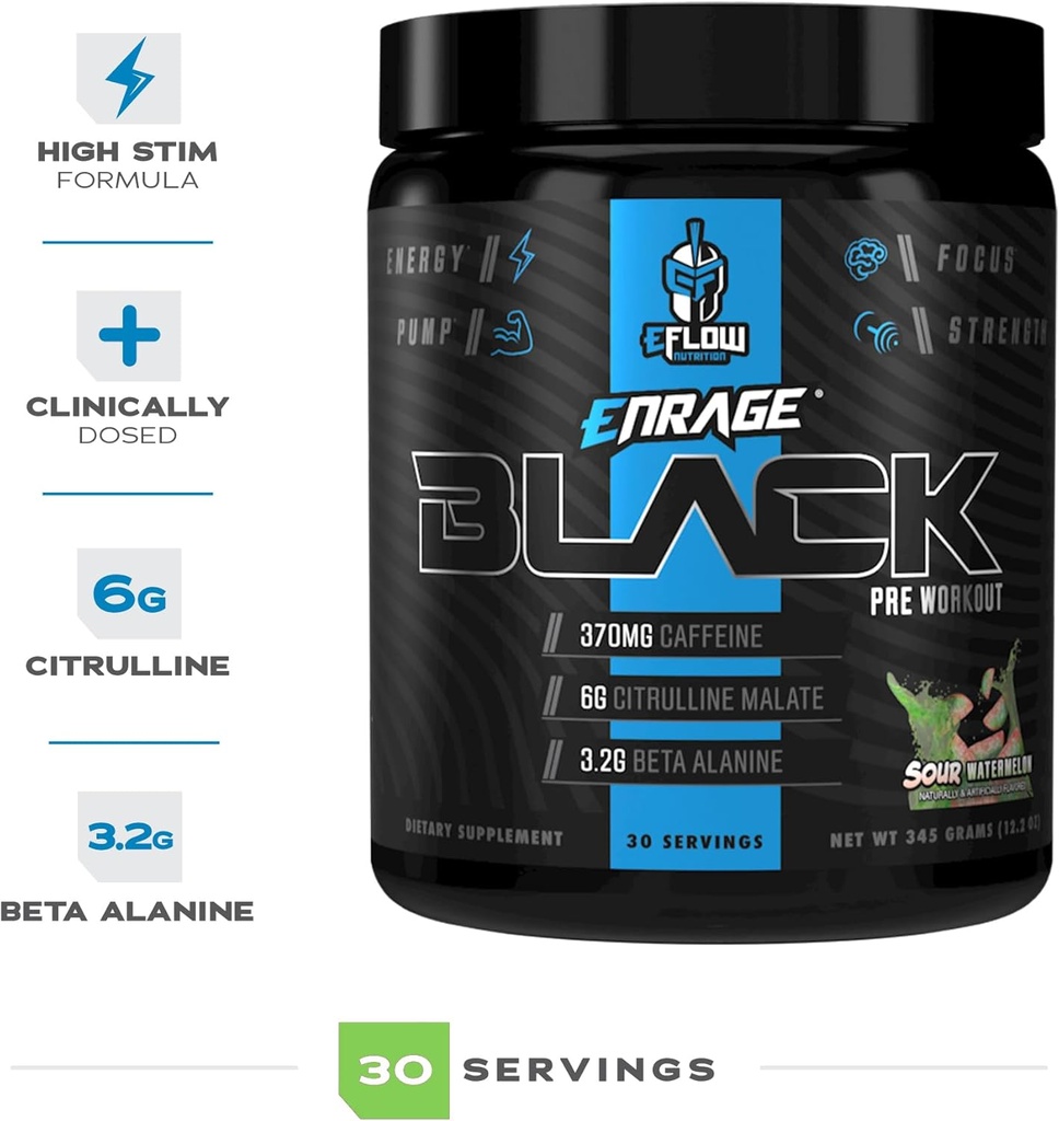 eFlow Nutrition Enrage Black High Stimulant Pre Workout Supplement - Preworkout Powder to Boost Energy, Pumps and Strength - 4 Flavors (30 Servings) (Sour Watermelon) 6
