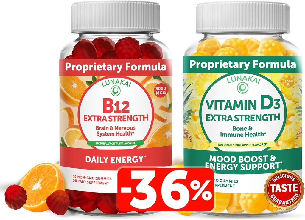 Lunakai Vitamin D3 and Vitamin B12 Gummies Bundle - Immunity, Bone and Mood Support VIT D3 2000IU Supplement - 3000mcg Methylcobalamin High Absorption Energy Gummy 2