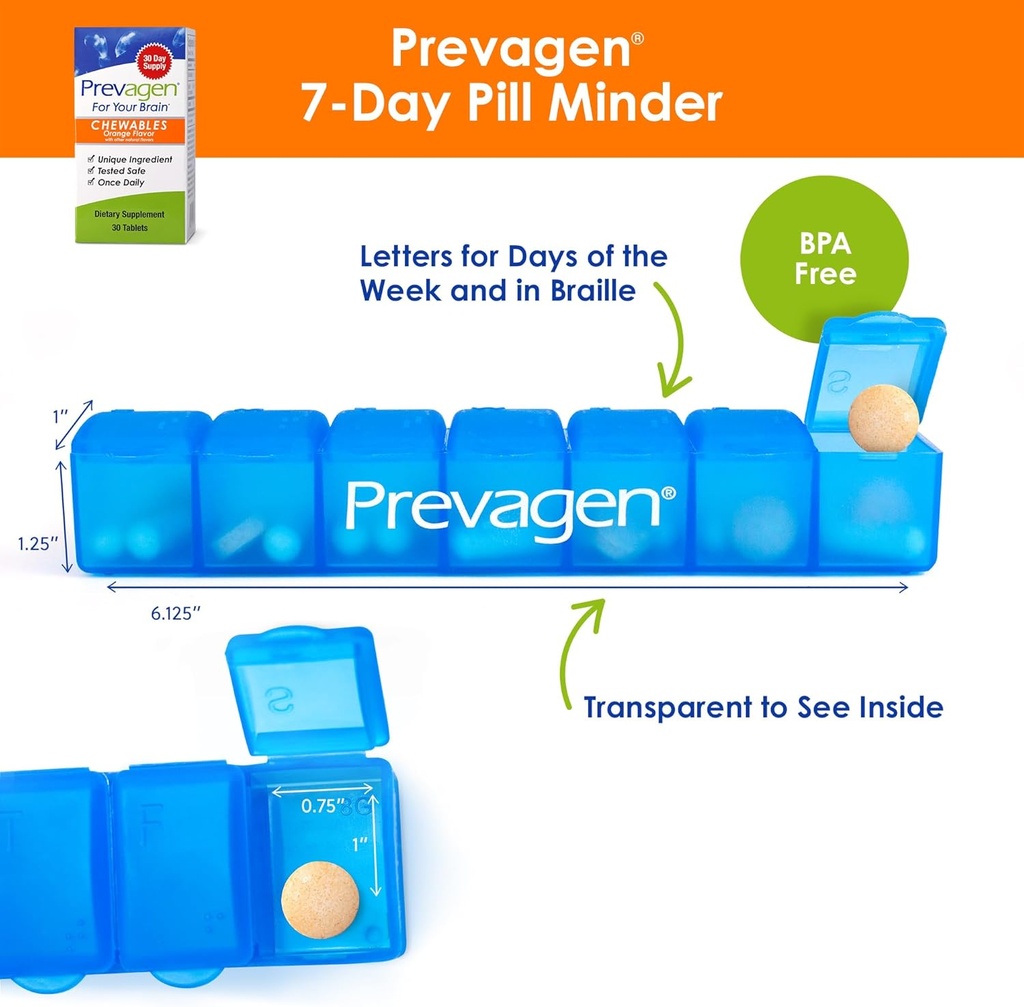 Prevagen Regular Strength Orange Chewables - 30 Tablets (1 Month Supply) | Formulated for Your Brain | 10mg of Apoaequorin Plus Vitamin D3 with 7-Day Pill Minder 5