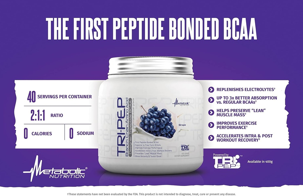 Metabolic Nutrition - TRIPEP - Tri-Peptide Branch Chain Amino Acid, BCAA Powder, Pre Intra Post Workout Supplement, Grape, 400 Grams (40 Servings) 4