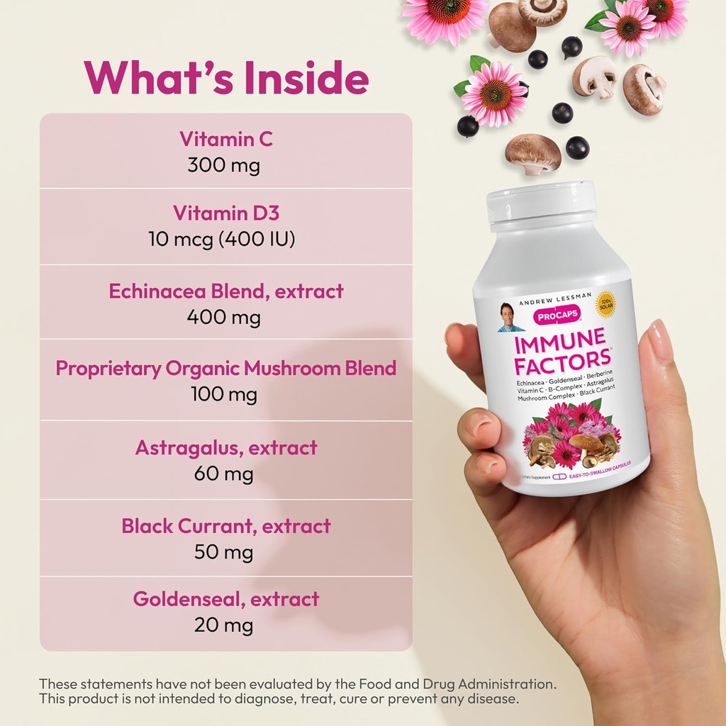 ANDREW LESSMAN Immune Factors 180 Capsules – Echinacea, Goldenseal, Vitamin C, Astragalus, Berberine, Mushroom Blend, Black Currant. Supports and Promotes Immune System and Natural Defenses 4
